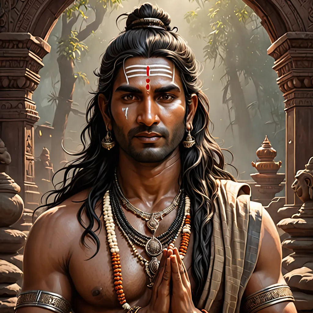 a man with long hair and a beard wearing a necklace and a necklace around his neck and hands in front of him, samikshavad, a character portrait, Anthony Devas, highly detailed digital painting