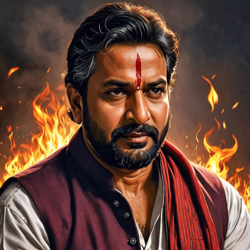 a man with a beard and a red scarf on his head is in front of a fire background with flames, samikshavad, a digital painting, Bholekar Srihari, professional digital painting