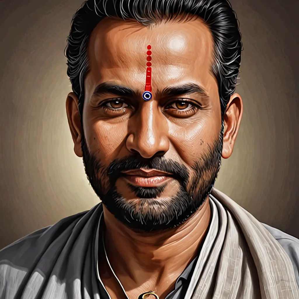 a man with a red nose ring and a white shirt on his head and a black beard and a white shirt on his shirt, samikshavad, a digital painting, Bholekar Srihari, highly detailed digital painting