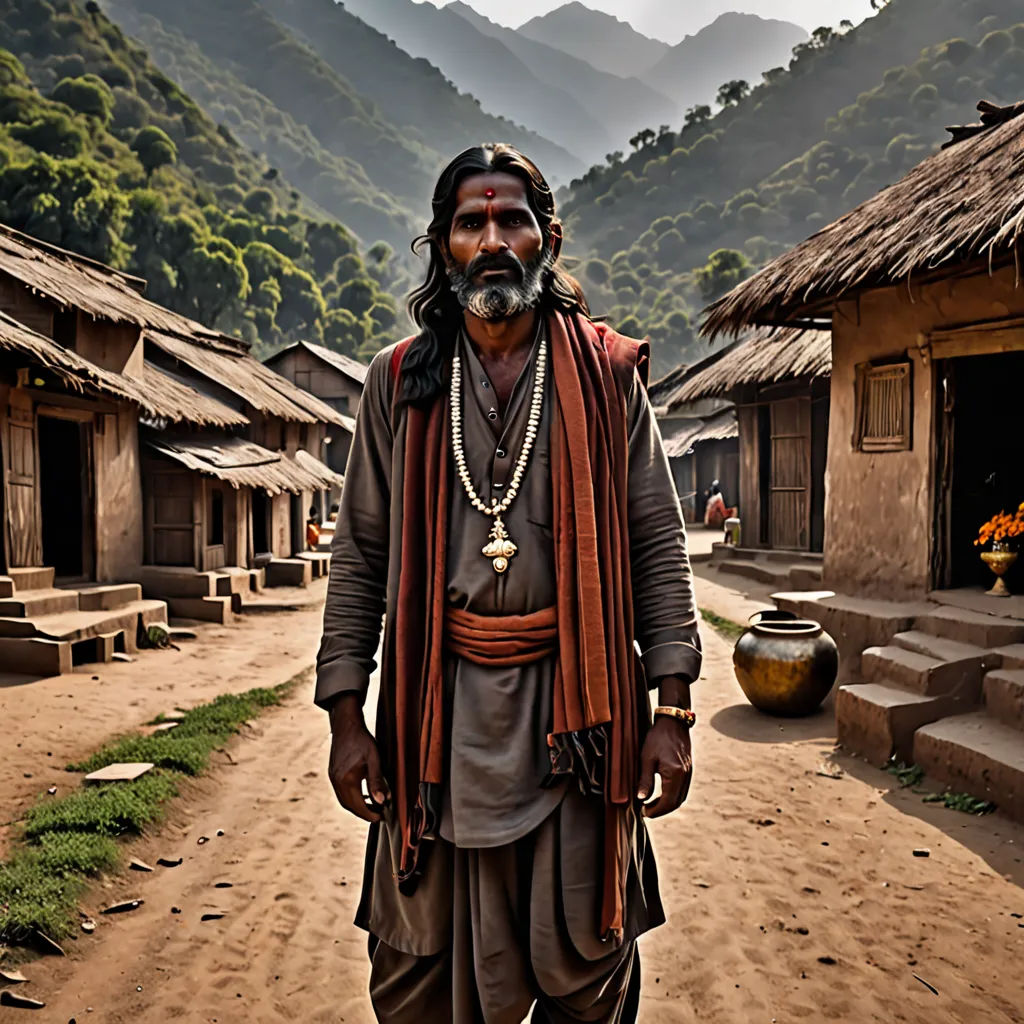 a man in a village with mountains in the background and a village with a few huts on the side, samikshavad, a character portrait, Bholekar Srihari, award - winning photography