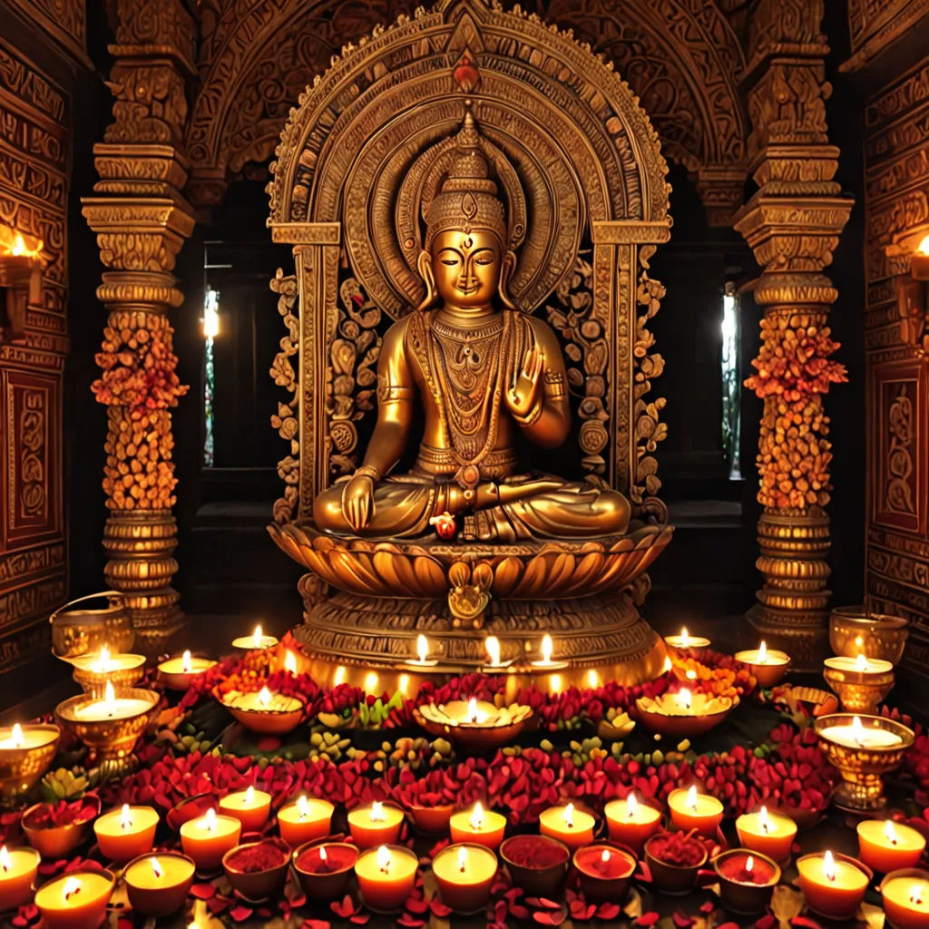 a buddha statue surrounded by candles and flowers in a room with a lot of candles on the floor and a lot of flowers on the floor, samikshavad, a statue, Ella Guru, centered