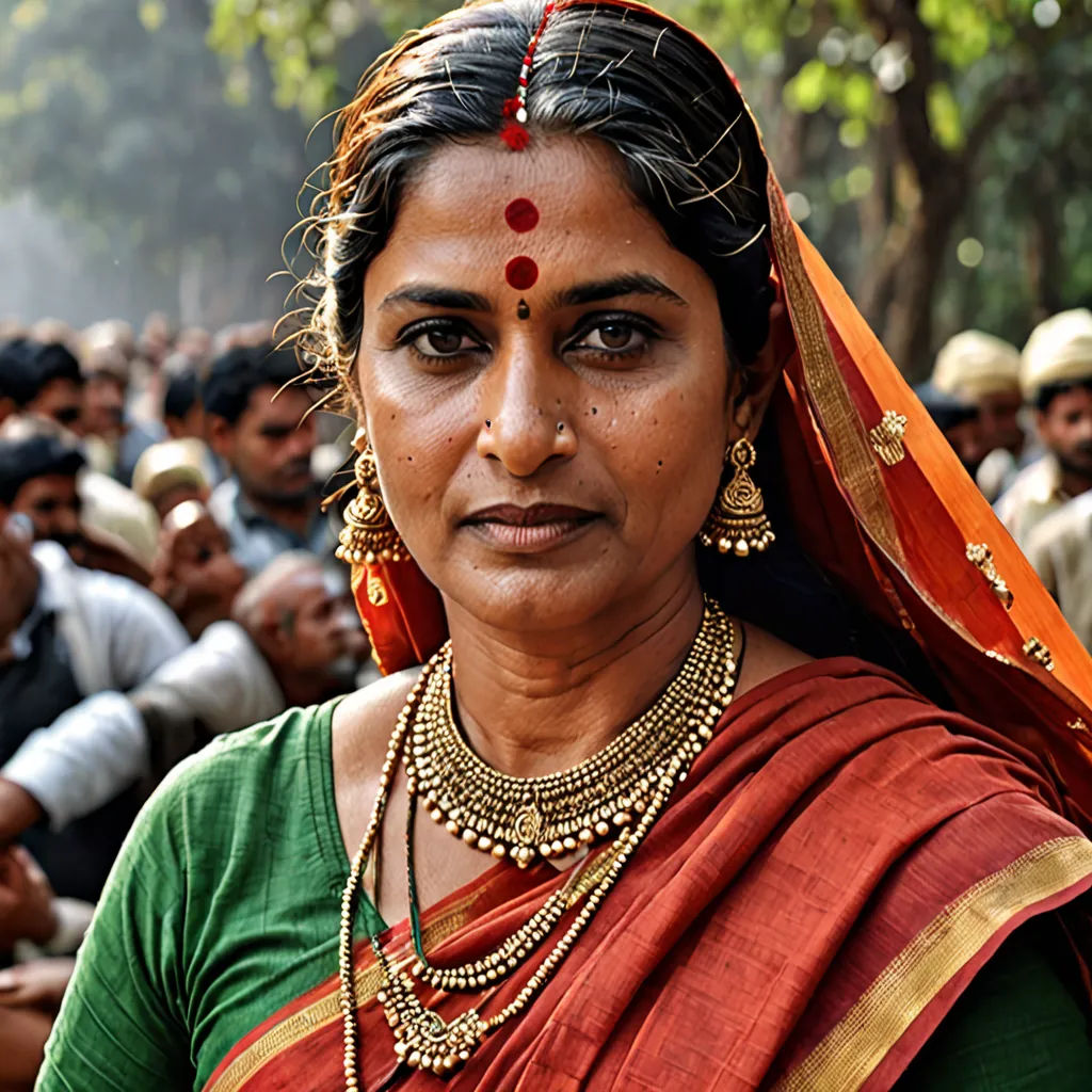 a woman in a green and red sari and a crowd of people in the background with trees and bushes, samikshavad, a character portrait, Ella Guru, promotional image