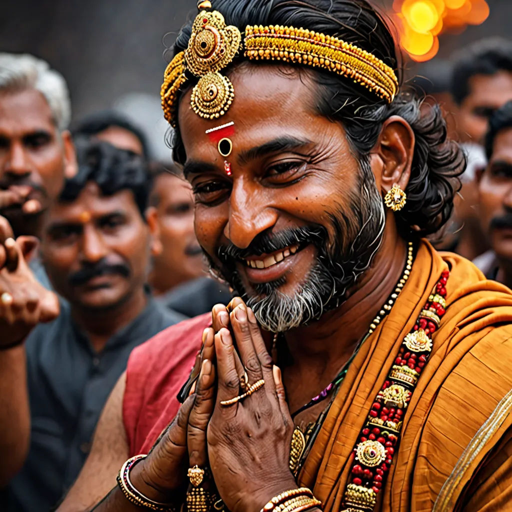a man in a yellow outfit with a beard and a beard ring on his hand and other men in the background, samikshavad, a stock photo, Bholekar Srihari, f 1. 8