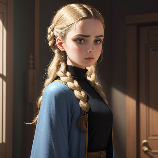 a woman with a braid standing in a room with a door and a window behind her, looking at the camera