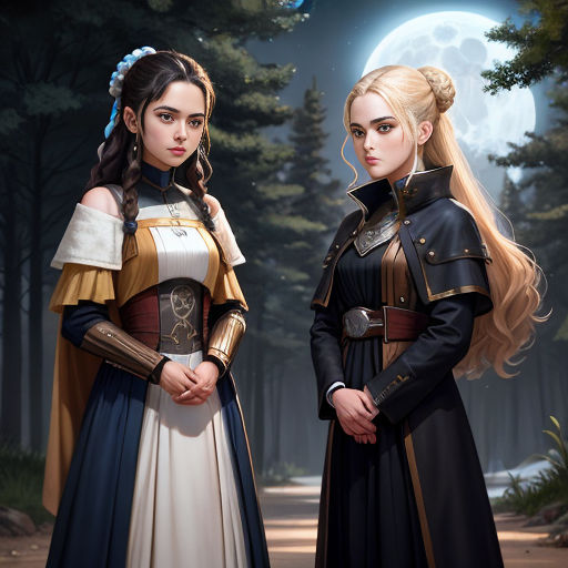 two women in medieval costumes standing next to each other in a forest at night with a full moon in the background