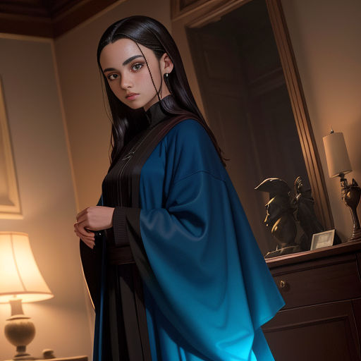 a woman in a blue and black dress standing in a room with a lamp on the side of the bed
