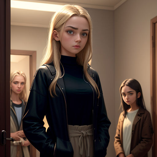 a woman standing in a doorway with another woman standing behind her looking at her in the mirror and another woman standing behind her