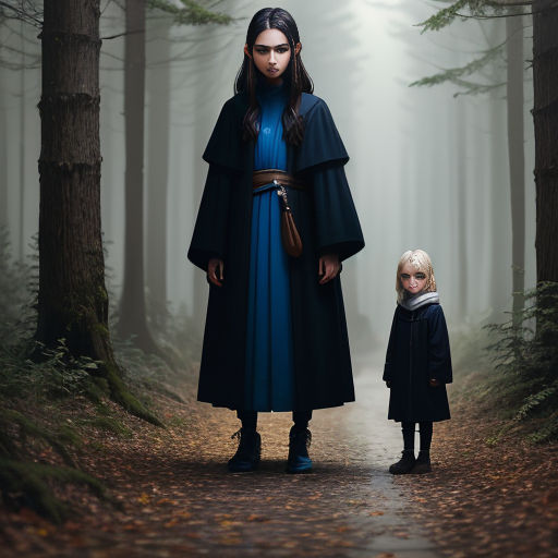 a woman and a child standing in a forest with trees and fogs behind them, both wearing blue
