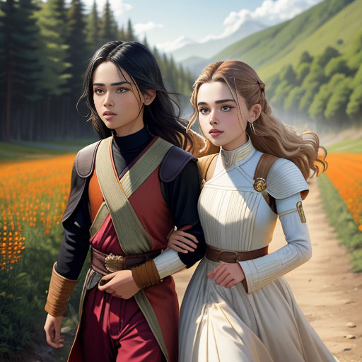 a painting of two women in a field of flowers and trees, one of them is wearing a costume