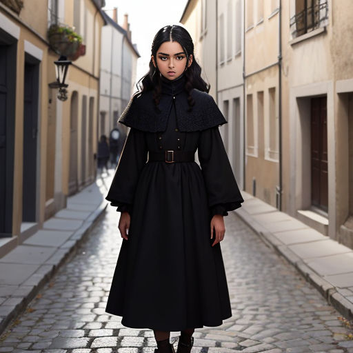 a woman in a black dress and boots standing on a cobblestone street in a city with buildings