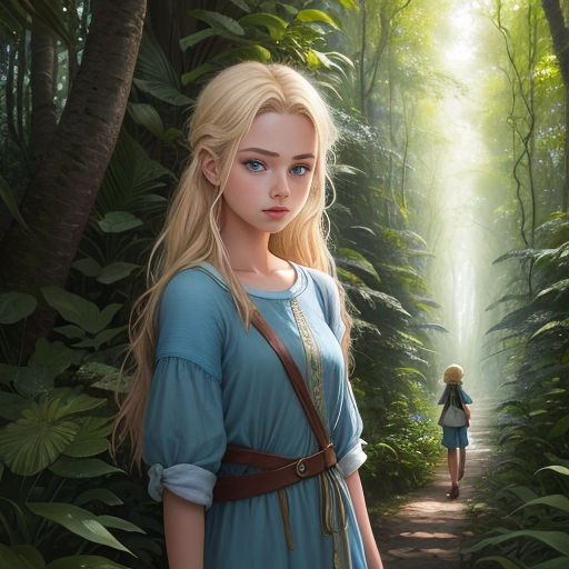 a painting of a girl in a blue dress walking through a forest with a light shining through the trees