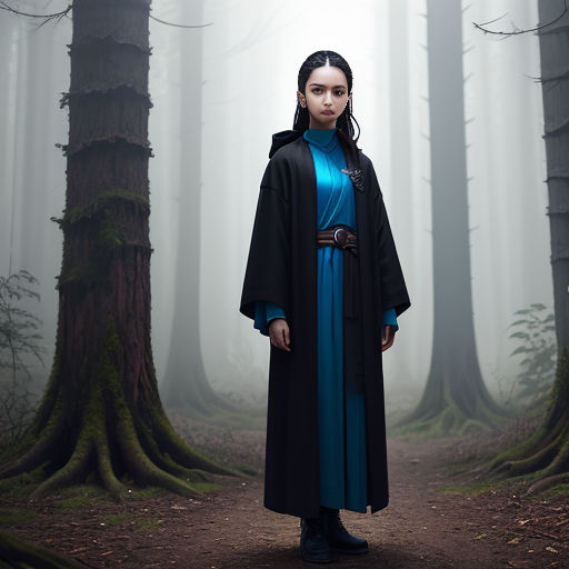 a woman in a blue dress standing in a forest with tall trees in the background and foggy sky