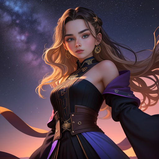 a woman in a dress with long hair and a star in the background is wearing a star - studded necklace