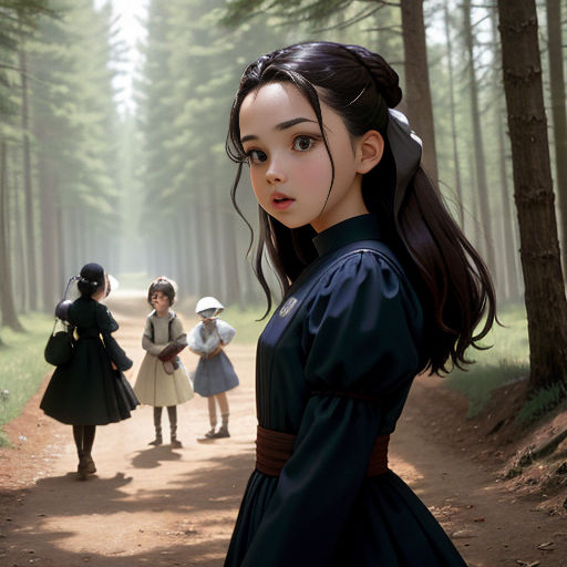 a group of children standing on a dirt road in a forest with trees and a woman in a dress