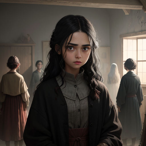 a woman standing in a room with other people in the background and a window in the middle of the room
