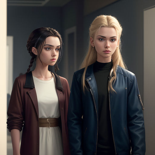 two women standing next to each other in a room with a door open and one woman with a braid