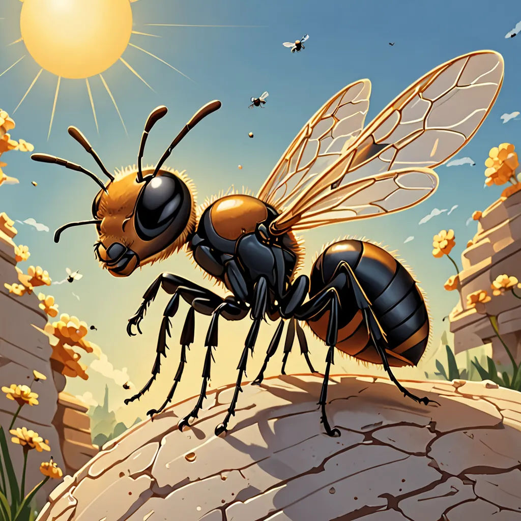 a bee is standing on a rock in the sun and bees are flying around it and the sun is shining, fantasy art, an illustration of, Alex Horley, detailed illustration