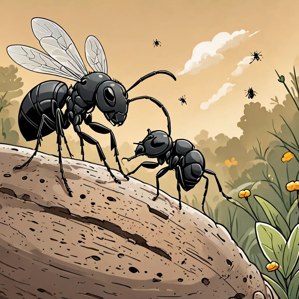 a group of ants standing on top of a dirt hill next to a forest filled with yellow flowers and leaves, serial art, an illustration of, Asaf Hanuka, detailed illustration