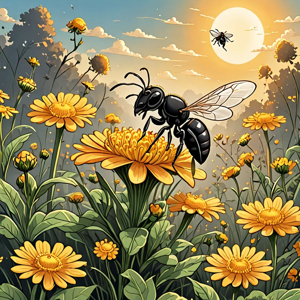 a bee flying over a field of yellow flowers with a full moon in the background and a sun setting, fantasy art, a storybook illustration, Dan Mumford, detailed illustration