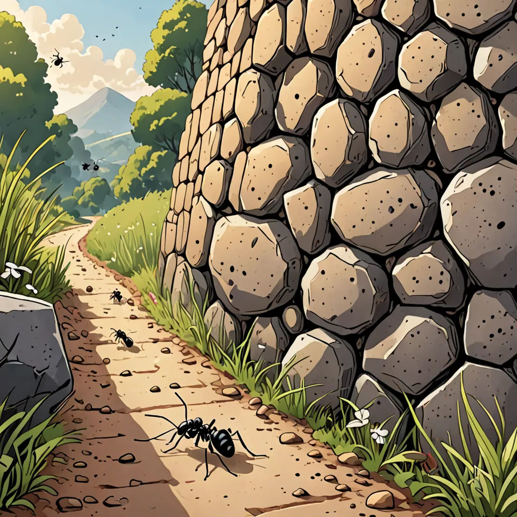 a cartoon of a stone wall with a bug crawling on it and a man walking on the side of it, environmental art, a storybook illustration, Chris LaBrooy, ghibli