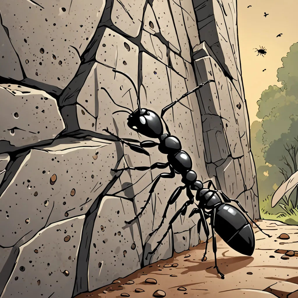 a cartoon ant crawling on a rock wall with a bird flying by it's side and a bird flying by it's side, underground comix, a storybook illustration, Asaf Hanuka, storybook illustration
