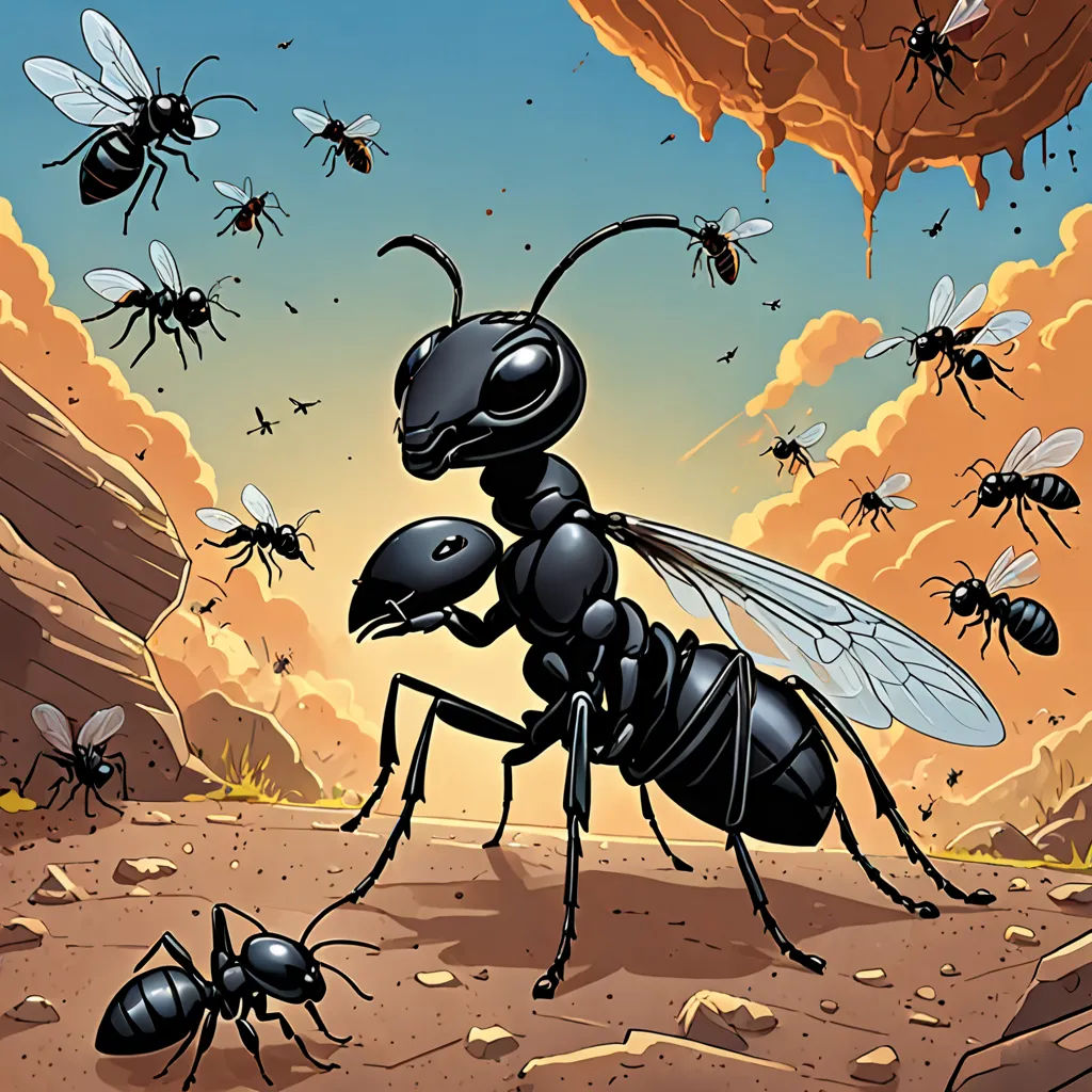 a group of ants are in the desert with a sky background and a red rock formation in the background, antipodeans, an illustration of, Dan Mumford, detailed illustration