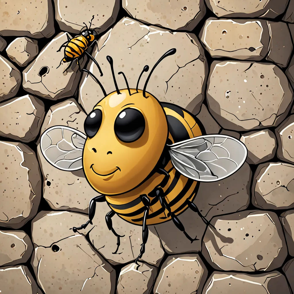 a cartoon bee with a face and eyes on a stone wall with a bee on it's back, fantasy art, a detailed drawing, artist, 2 d game art