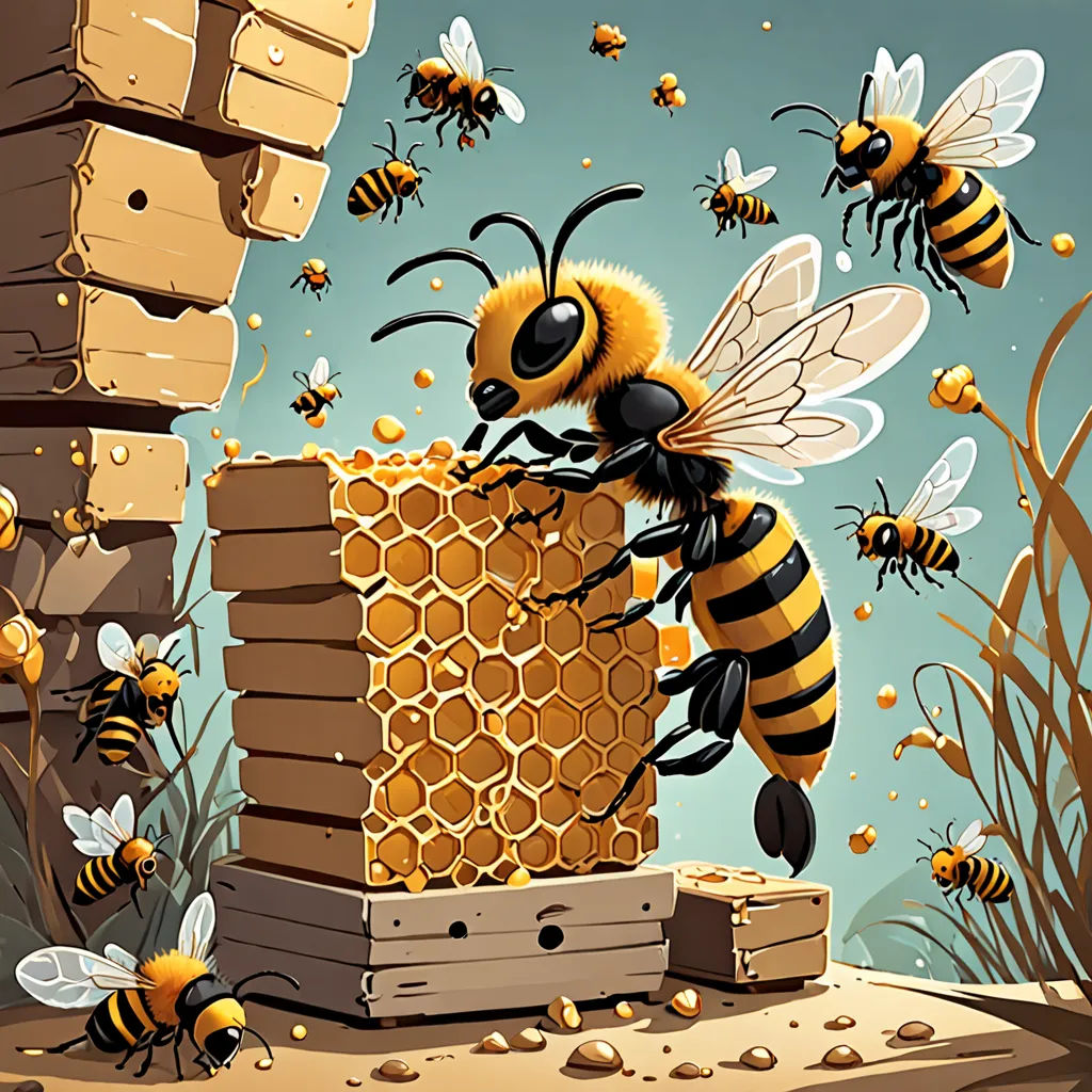a cartoon of a bee and a honeycomb with bees flying around it and a beehive with honey, incoherents, a storybook illustration, Chris LaBrooy, highly detailed digital painting