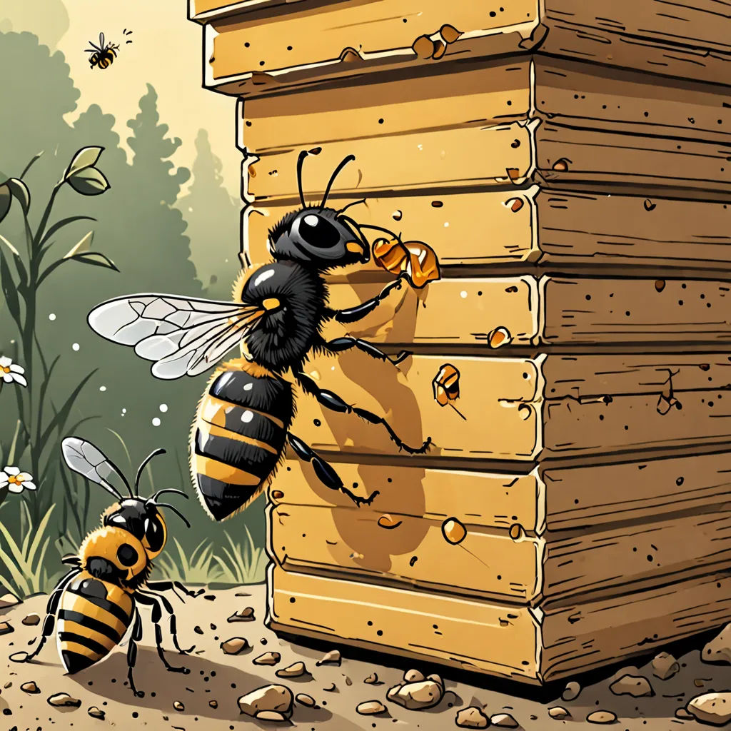 a couple of bees are on a beehive and one is on the ground and one is on the ground, incoherents, an illustration of, Chris LaBrooy, detailed illustration