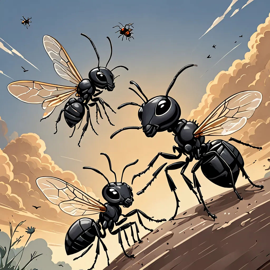 a group of bees flying through the air over a field of grass and dirt with a sky background and clouds, antipodeans, an illustration of, Asaf Hanuka, detailed illustration