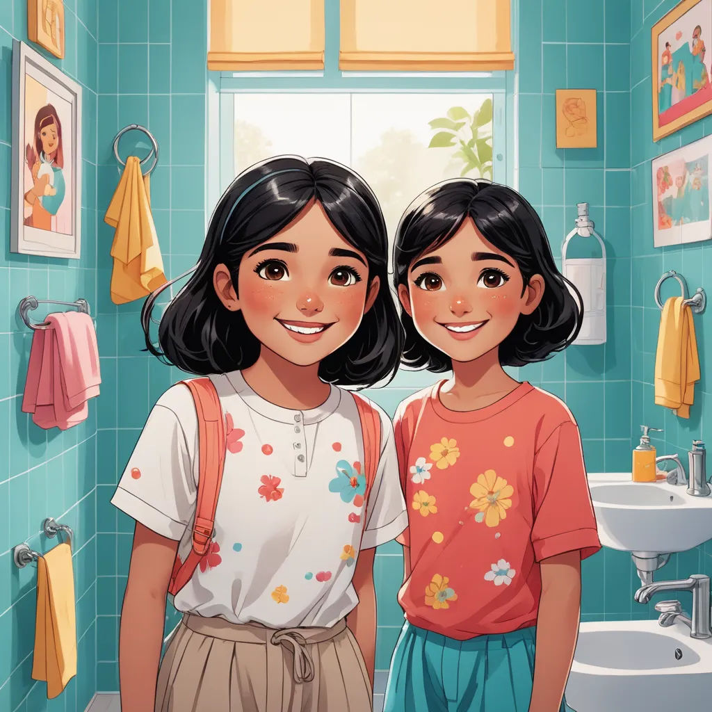 two girls standing in a bathroom with blue tile walls and a sink and a window with yellow curtains on it, lyco art, a storybook illustration, Diego Gisbert Llorens, trending on art station