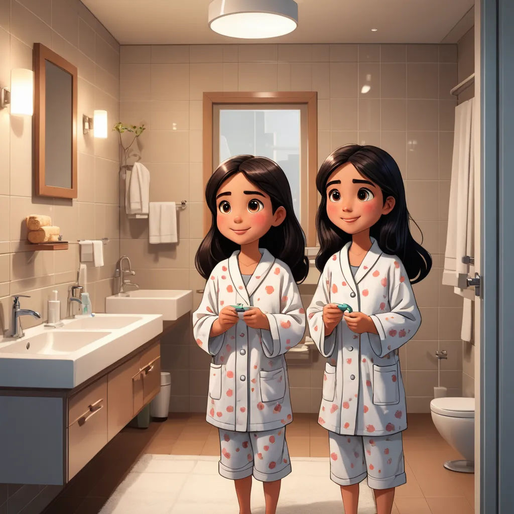 a couple of women standing in a bathroom next to a sink and a mirror with a light on it, photorealism, concept art, disney, rossdraws global illumination