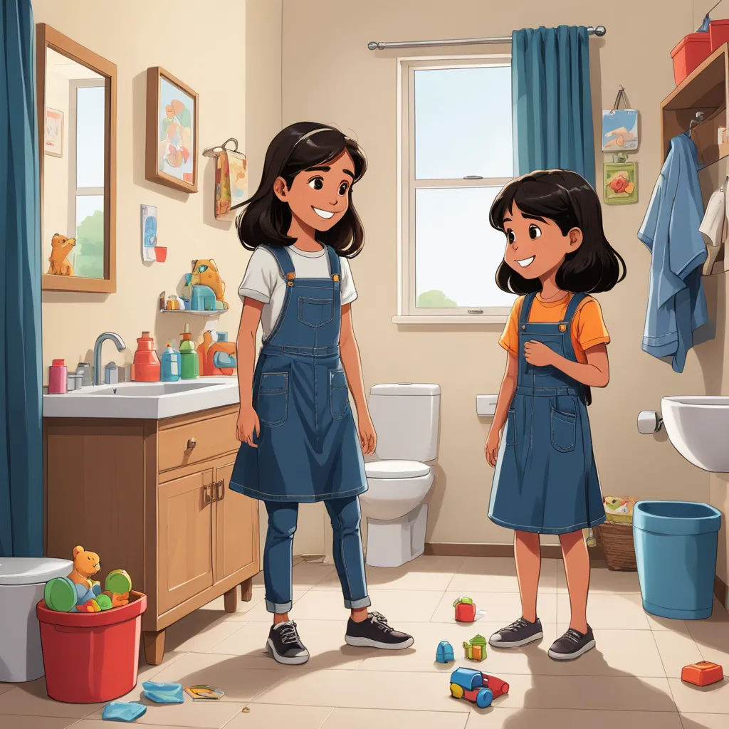 a couple of kids standing in a bathroom together in front of a toilet and sink with toys on the floor, lyco art, a storybook illustration, Anthony Devas, official art