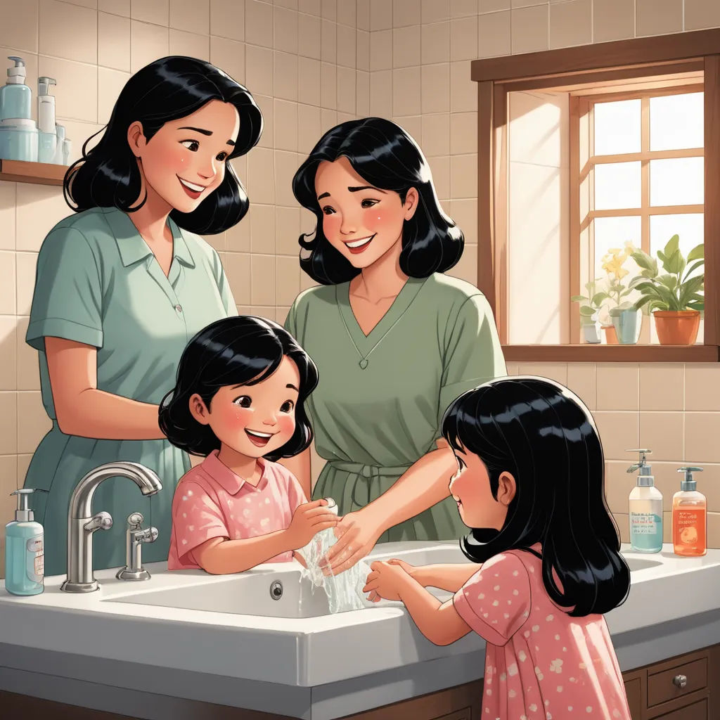 a woman and two girls washing their hands in a sink together in a bathroom with a window and a window, american scene painting, a storybook illustration, Andrew Loomis, storybook illustration