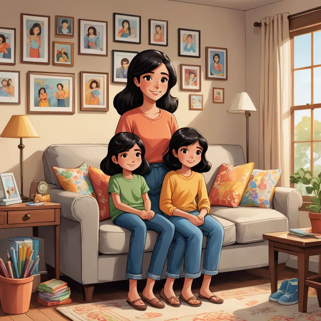 a woman and two children sitting on a couch in a living room with pictures on the wall behind them, american scene painting, a storybook illustration, Chris LaBrooy, storybook illustration