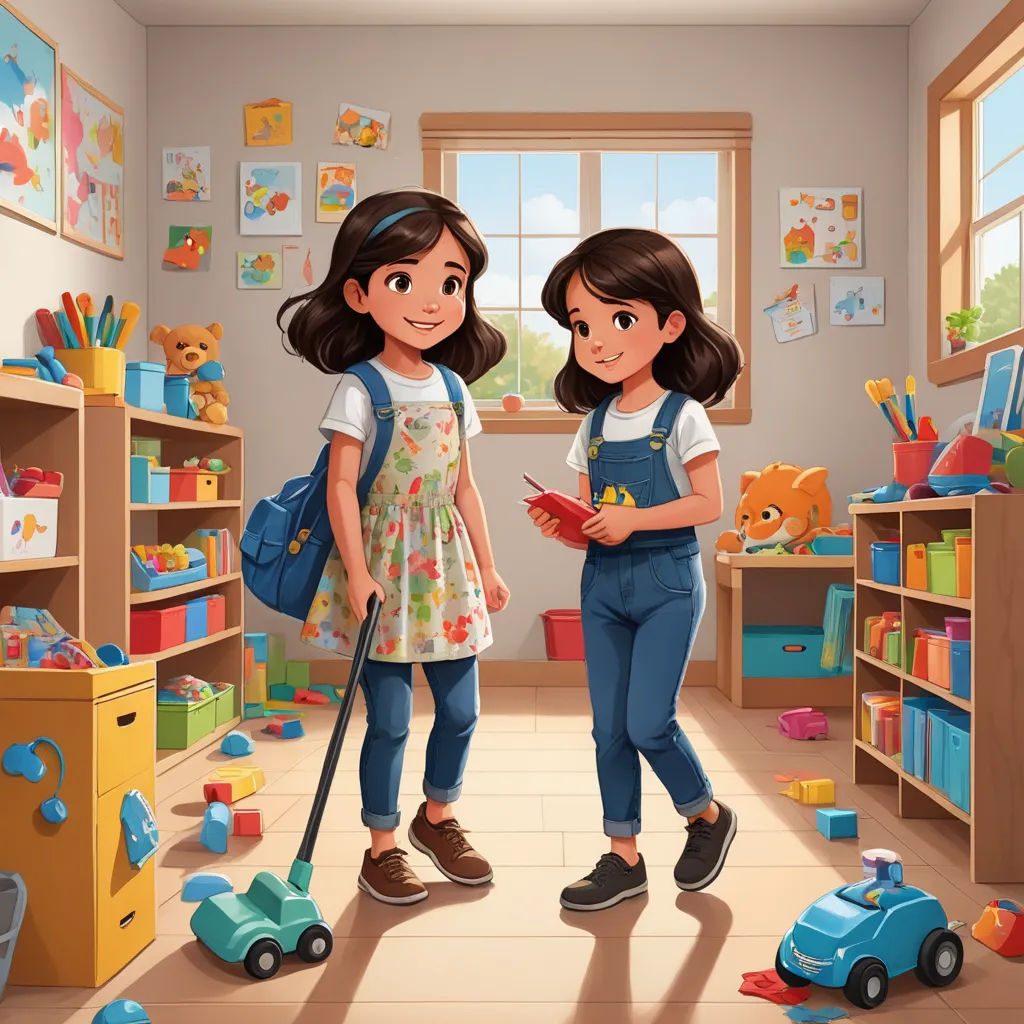 two girls in a playroom with toys and a bookcase full of books and toys on the floor, american scene painting, a storybook illustration, Diego Gisbert Llorens, storybook illustration