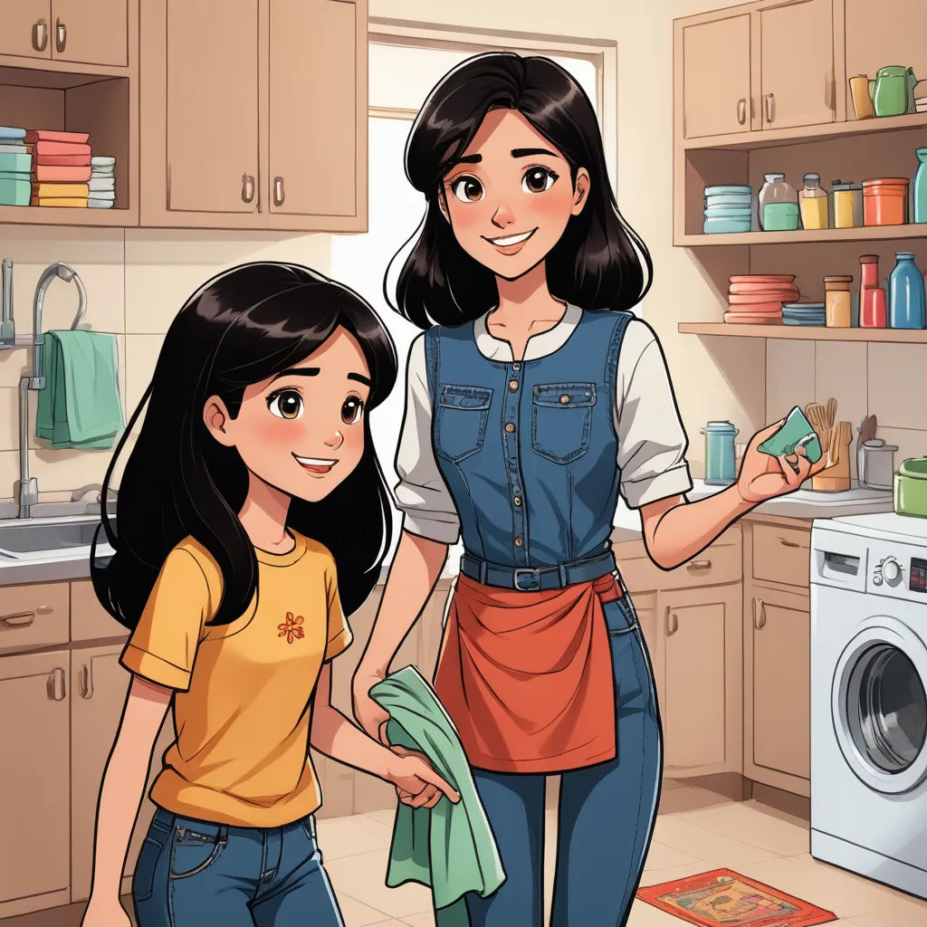 a woman and a girl are standing in a kitchen together and holding a dish towel and a bottle of water, lyco art, a storybook illustration, Ada Gladys Killins, comic cover art
