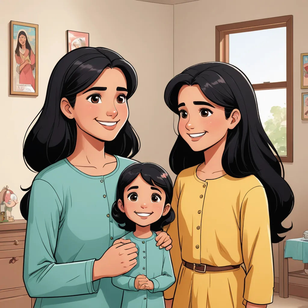a woman and a child standing in a room with a window and a picture on the wall behind them, lyco art, a comic book panel, Ella Guru, comic cover art