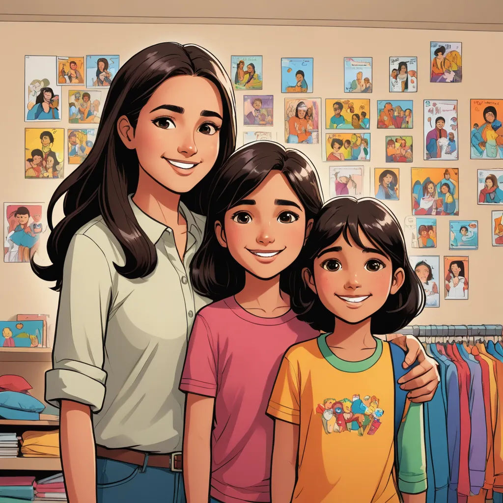 a woman and two girls standing in front of a closet full of clothes and pictures on the wall behind them, lyco art, a storybook illustration, Artgerm, comic cover art