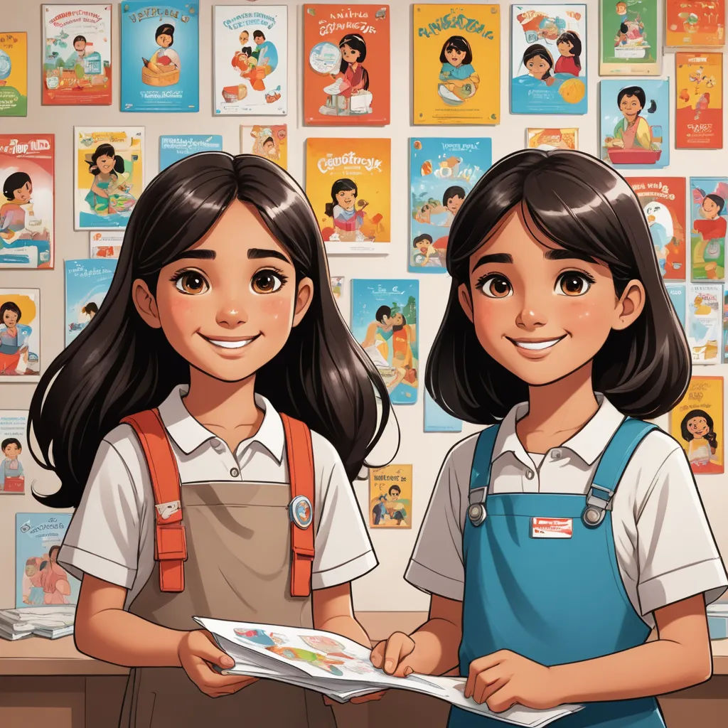 two girls are standing in front of a wall with posters on it and one girl is holding a book, process art, a storybook illustration, Diego Gisbert Llorens, comic cover art