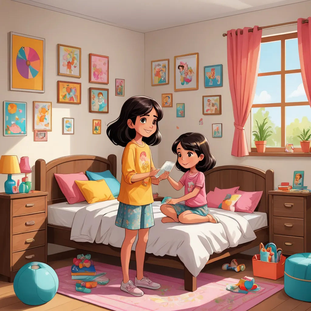 a girl and a girl are standing in a bedroom with a bed and a rug on the floor and a window, american scene painting, a storybook illustration, Diego Gisbert Llorens, official art