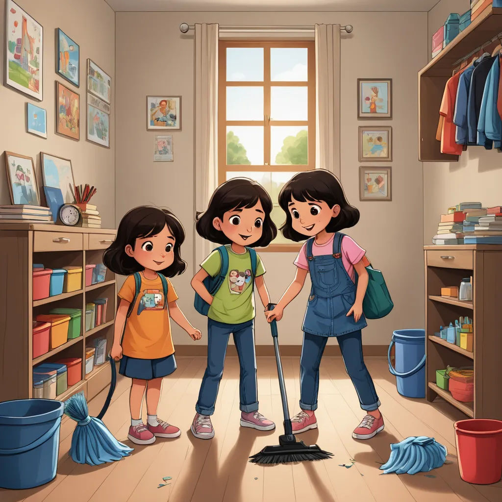 three girls cleaning the floor in a room with a window and a book shelf full of books and books, lyco art, a storybook illustration, artist, storybook illustration