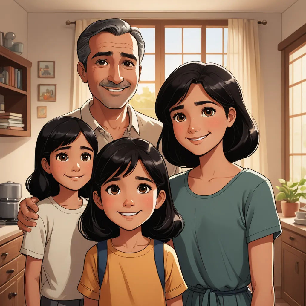 a family is standing in a kitchen together, the father is holding his two daughters and the daughter is holding her, lyco art, a storybook illustration, Fernando Amorsolo, rossdraws global illumination