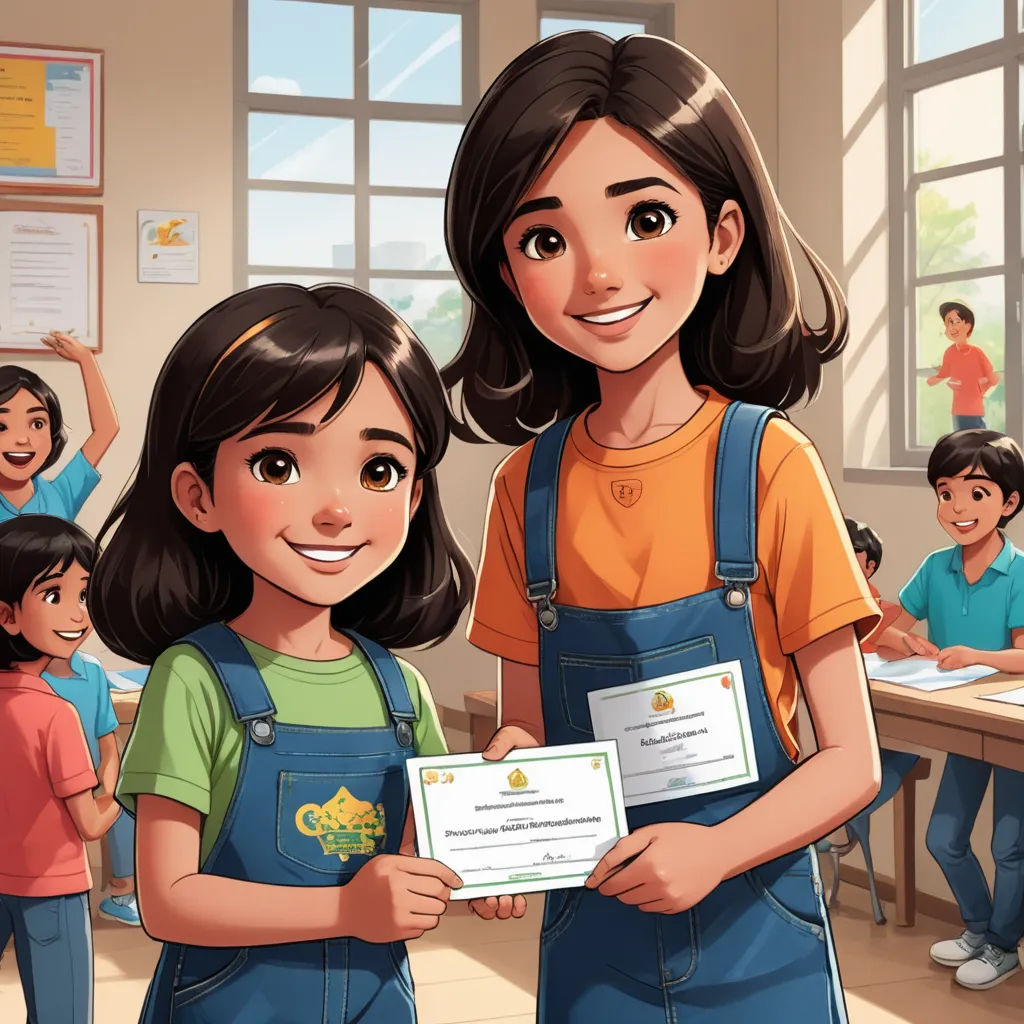 a girl and a girl holding a certificate in front of a classroom full of children in the background,, danube school, a storybook illustration, Ada Gladys Killins, official art