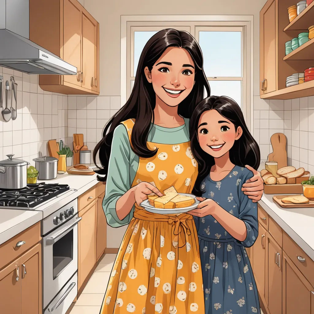 a woman and a girl in a kitchen holding a plate of food and smiling at the camera with a window in the background, lyco art, a storybook illustration, Eileen Aldridge, comic cover art