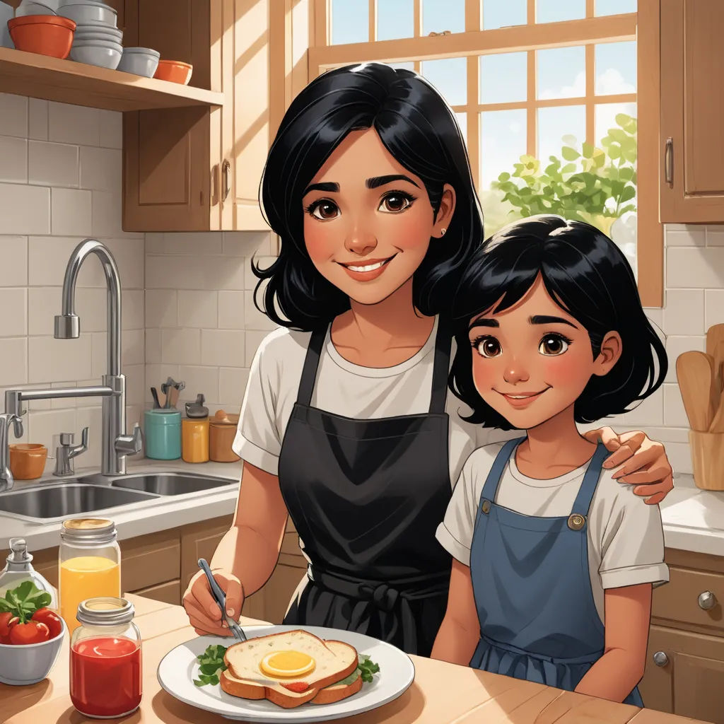 a mother and daughter are preparing a meal together in the kitchen, the girl is holding a knife and fork, american scene painting, a storybook illustration, Artgerm, comic cover art