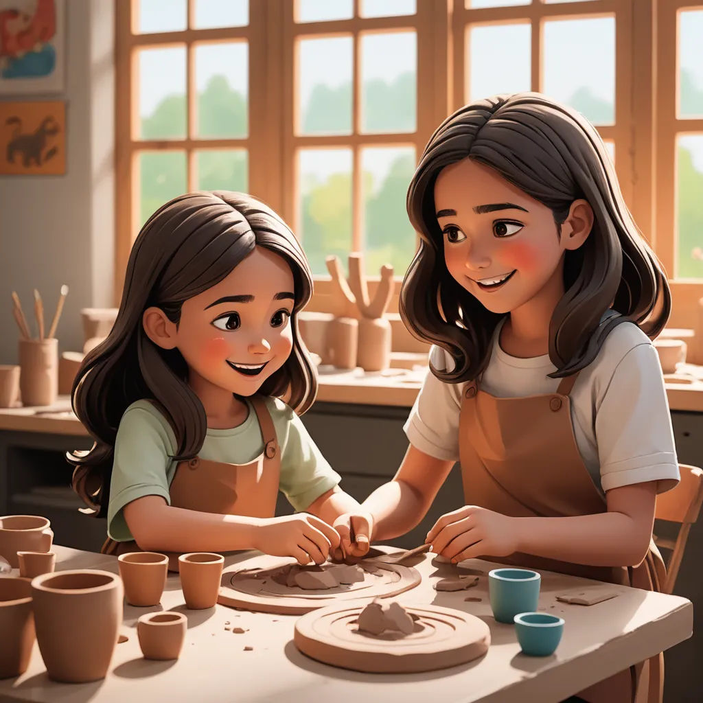 two girls are making pottery in a pottery shop together, one of them is smiling and the other is smiling, american scene painting, a painting, artist, cgstudio