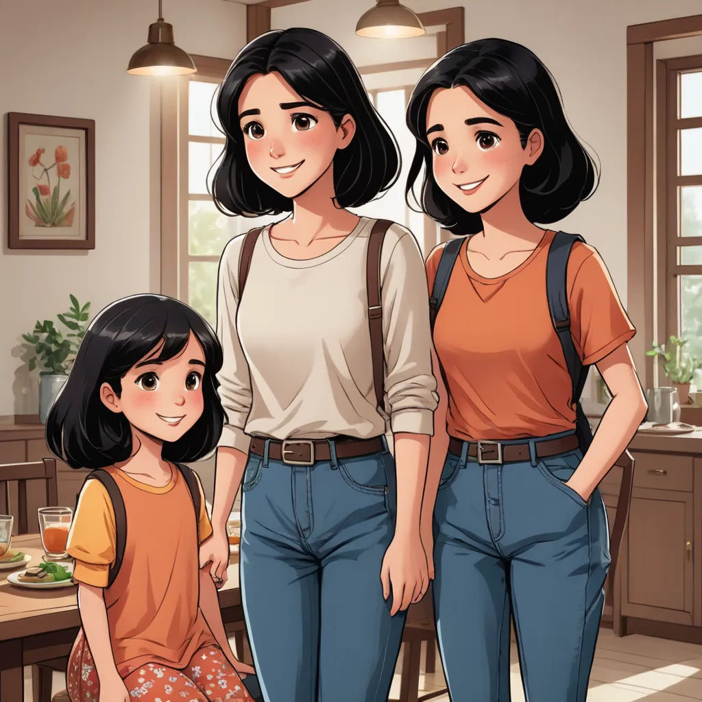 a couple of women standing next to each other in a kitchen next to a table with a plate of food, serial art, a storybook illustration, Ada Gladys Killins, official art