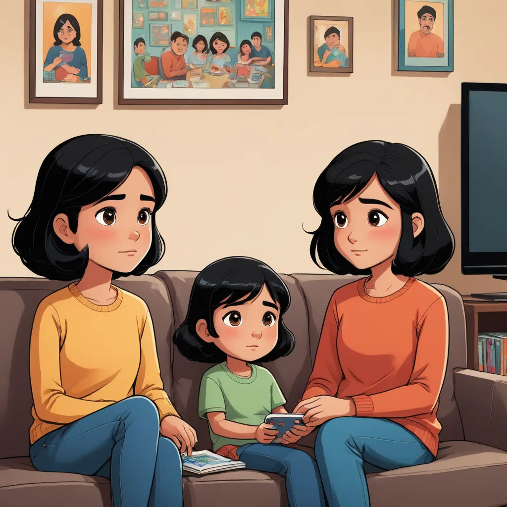 a woman sitting on a couch with a child and a book in front of her and a tv in the background, lyco art, a storybook illustration, Adam Manyoki, storybook illustration