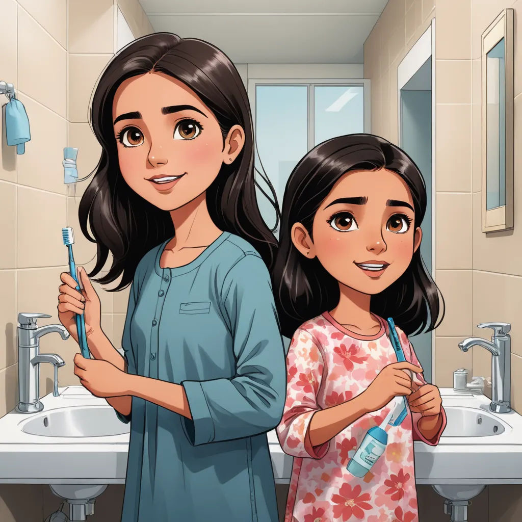 a woman and a girl are standing in a bathroom holding toothbrushes and toothpaste in their hands, lyco art, a storybook illustration, An Gyeon, key art